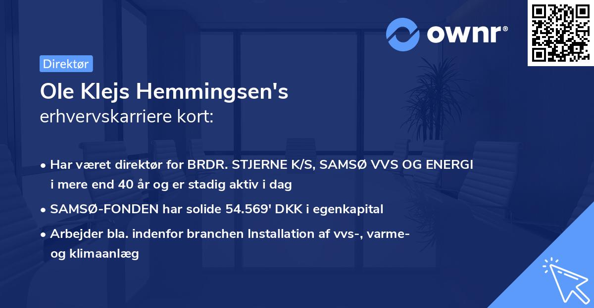 Ole Klejs Hemmingsen's erhvervskarriere kort