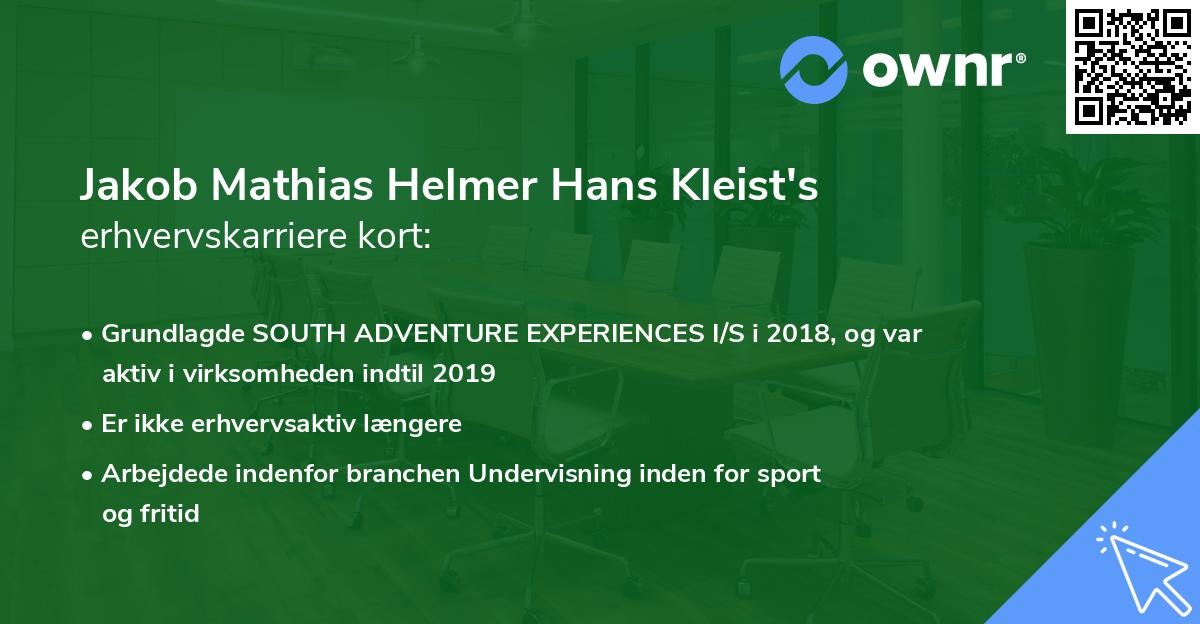 Jakob Mathias Helmer Hans Kleist's erhvervskarriere kort