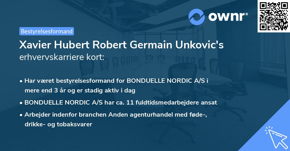 Xavier Hubert Robert Germain Unkovic's erhvervskarriere kort