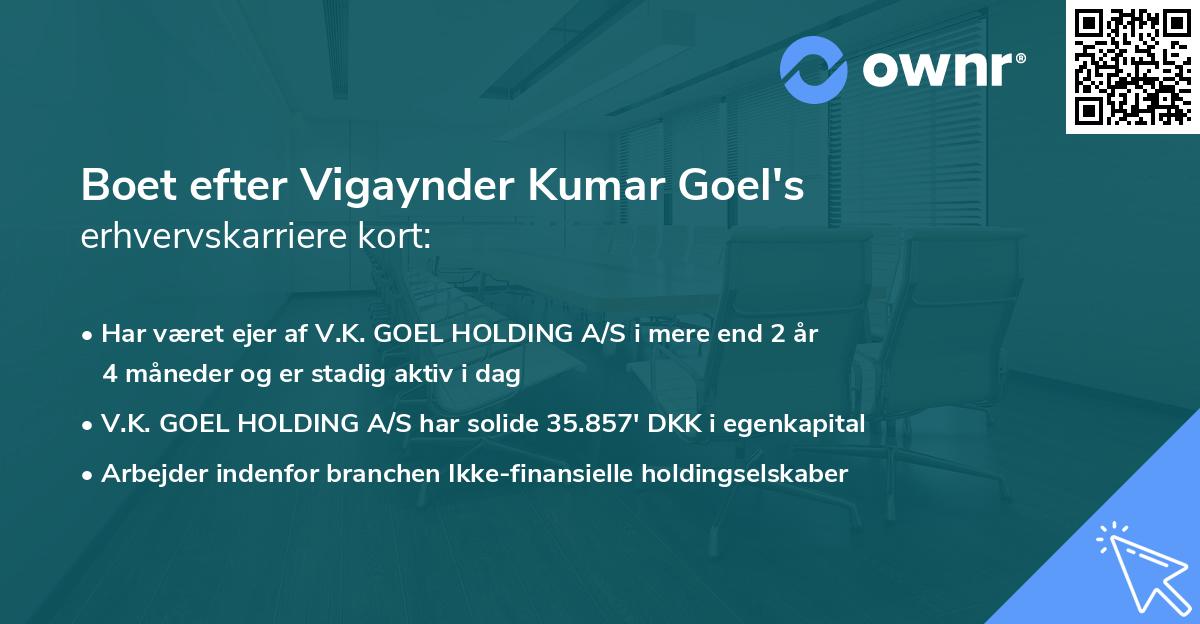 Boet efter Vigaynder Kumar Goel's erhvervskarriere kort