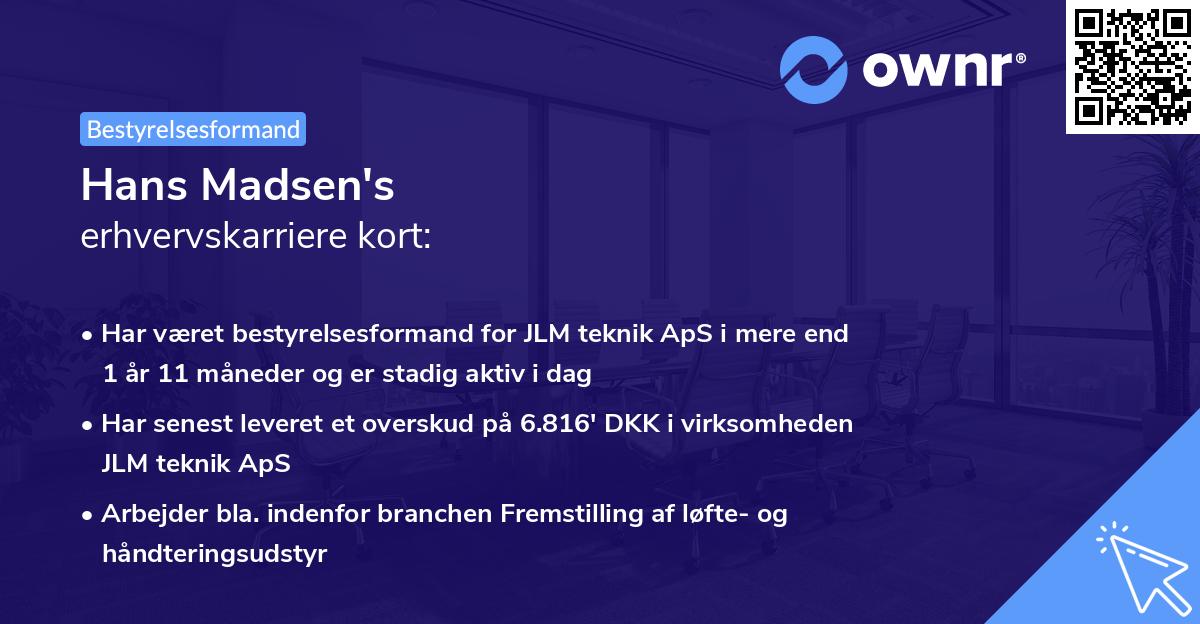 Hans Madsen's erhvervskarriere kort