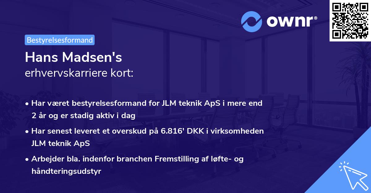 Hans Madsen's erhvervskarriere kort