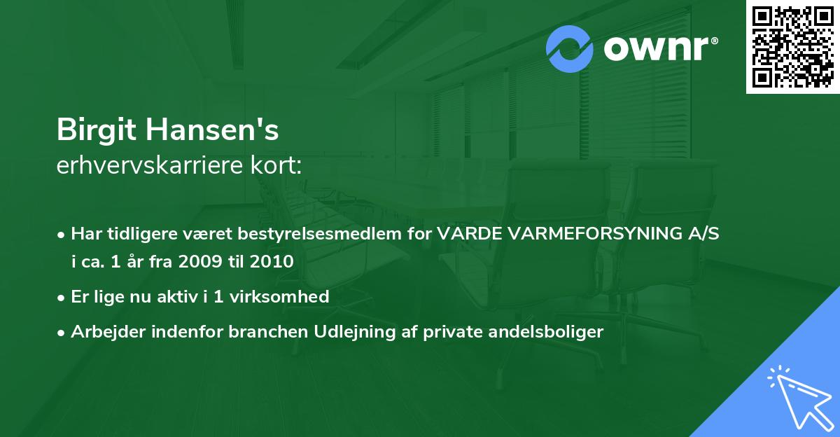 Birgit Hansen's erhvervskarriere kort