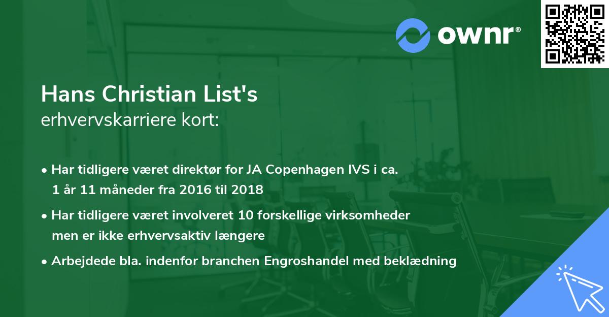 Hans Christian List's erhvervskarriere kort