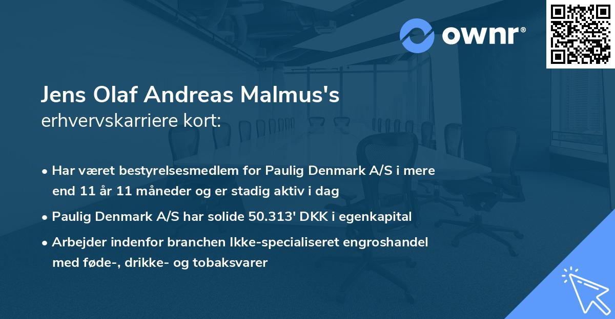 Jens Olaf Andreas Malmus's erhvervskarriere kort