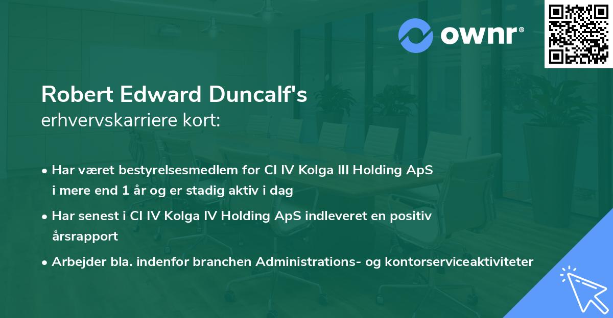 Robert Edward Duncalf's erhvervskarriere kort