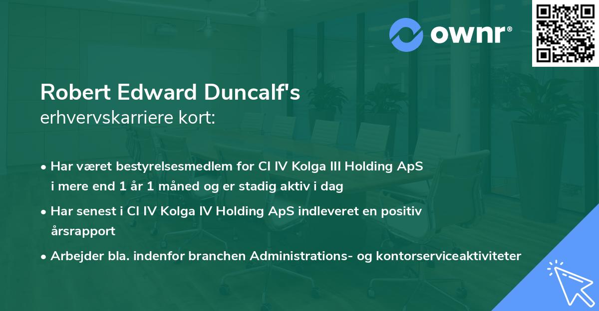 Robert Edward Duncalf's erhvervskarriere kort