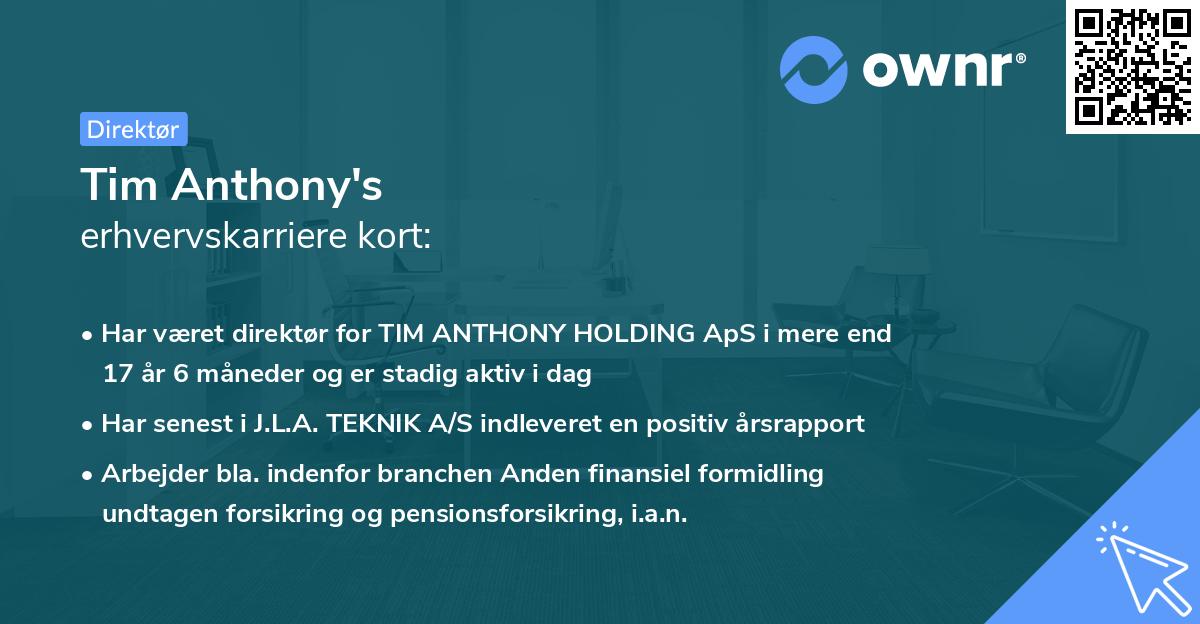 Tim Anthony's erhvervskarriere kort