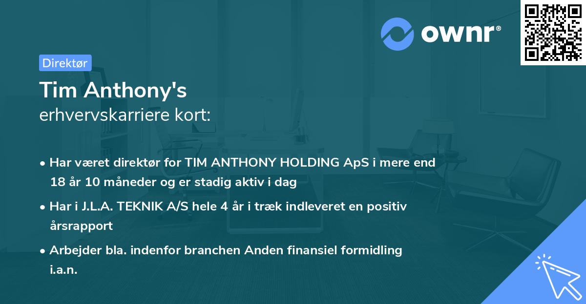 Tim Anthony's erhvervskarriere kort