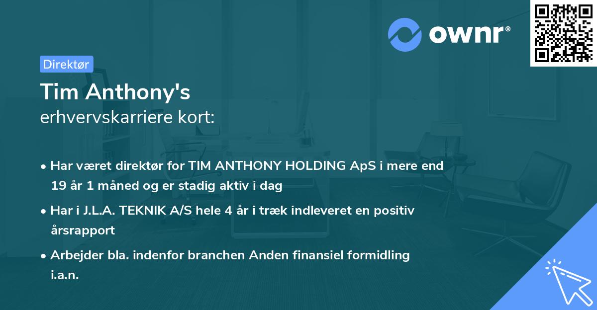 Tim Anthony's erhvervskarriere kort