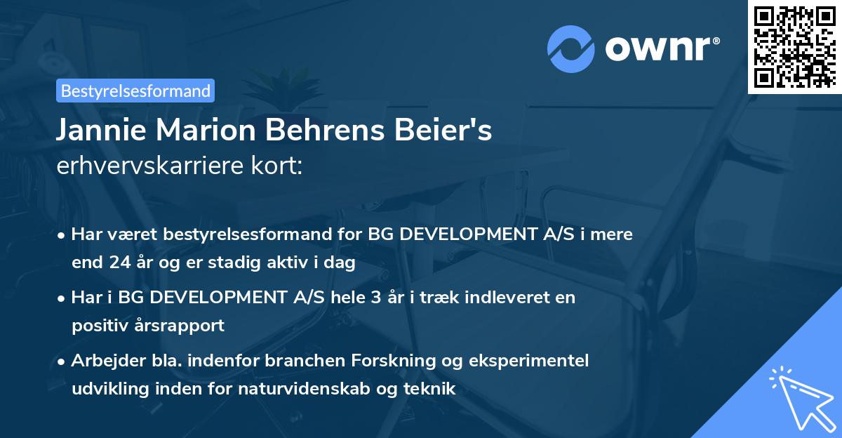 Jannie Marion Behrens Beier's erhvervskarriere kort