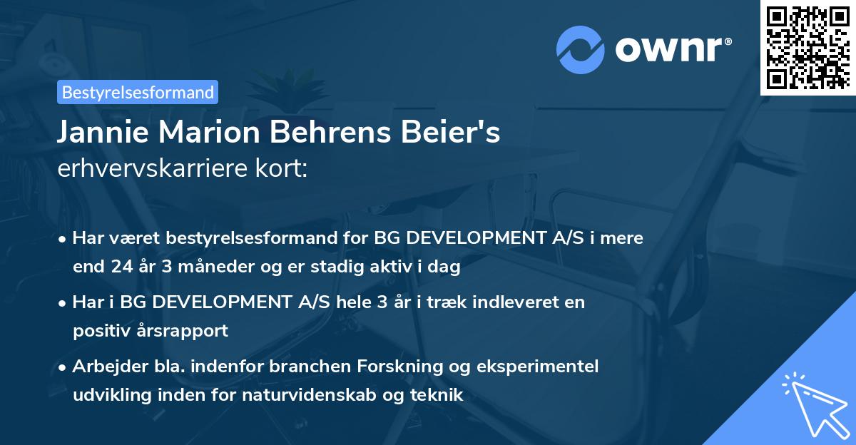 Jannie Marion Behrens Beier's erhvervskarriere kort