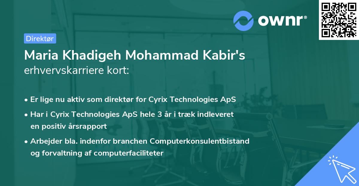 Maria Khadigeh Mohammad Kabir's erhvervskarriere kort