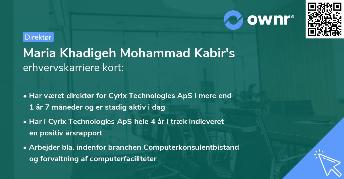 Maria Khadigeh Mohammad Kabir's erhvervskarriere kort