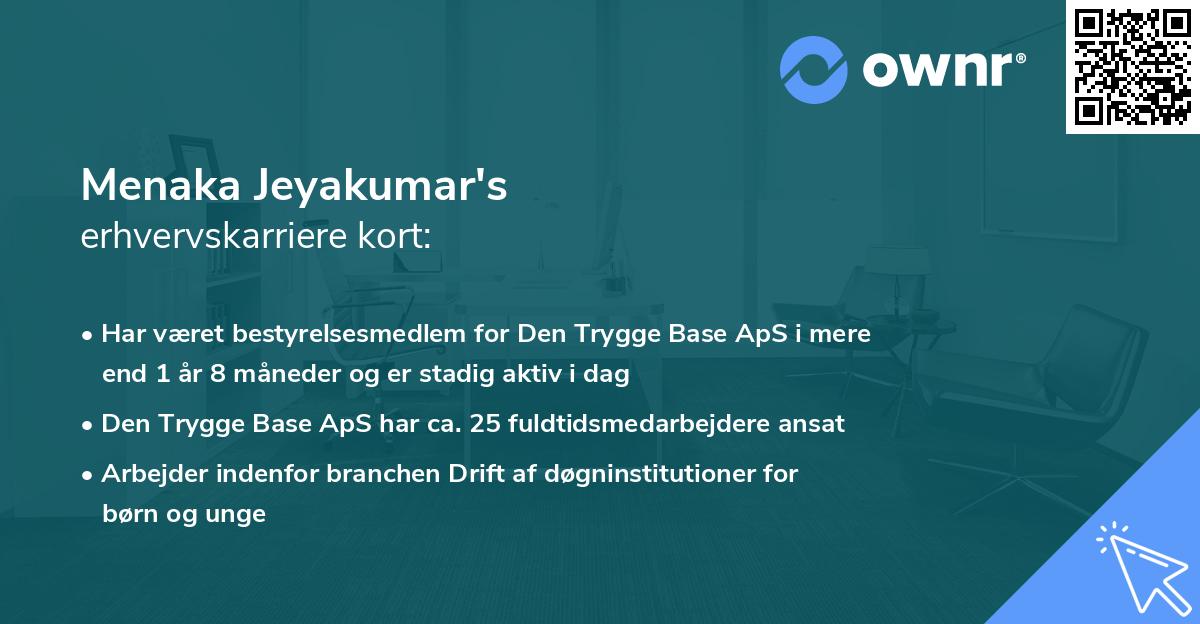 Menaka Jeyakumar's erhvervskarriere kort