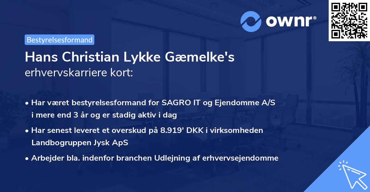 Hans Christian Lykke Gæmelke's erhvervskarriere kort
