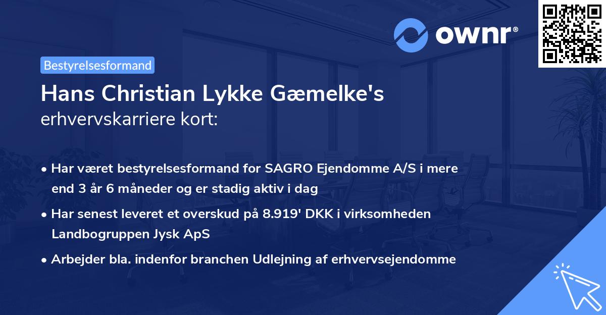 Hans Christian Lykke Gæmelke's erhvervskarriere kort