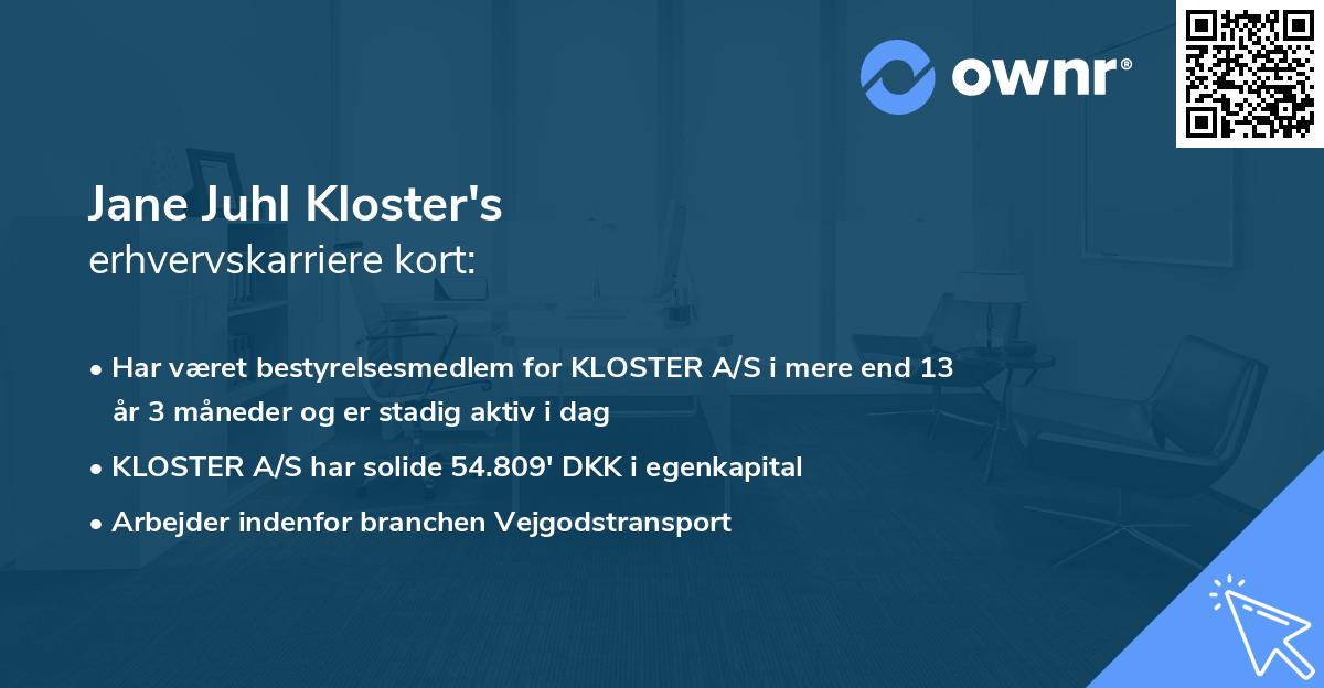 Jane Juhl Kloster's erhvervskarriere kort