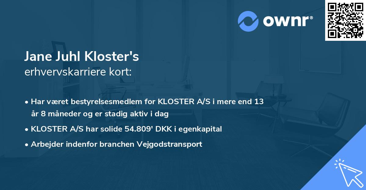 Jane Juhl Kloster's erhvervskarriere kort