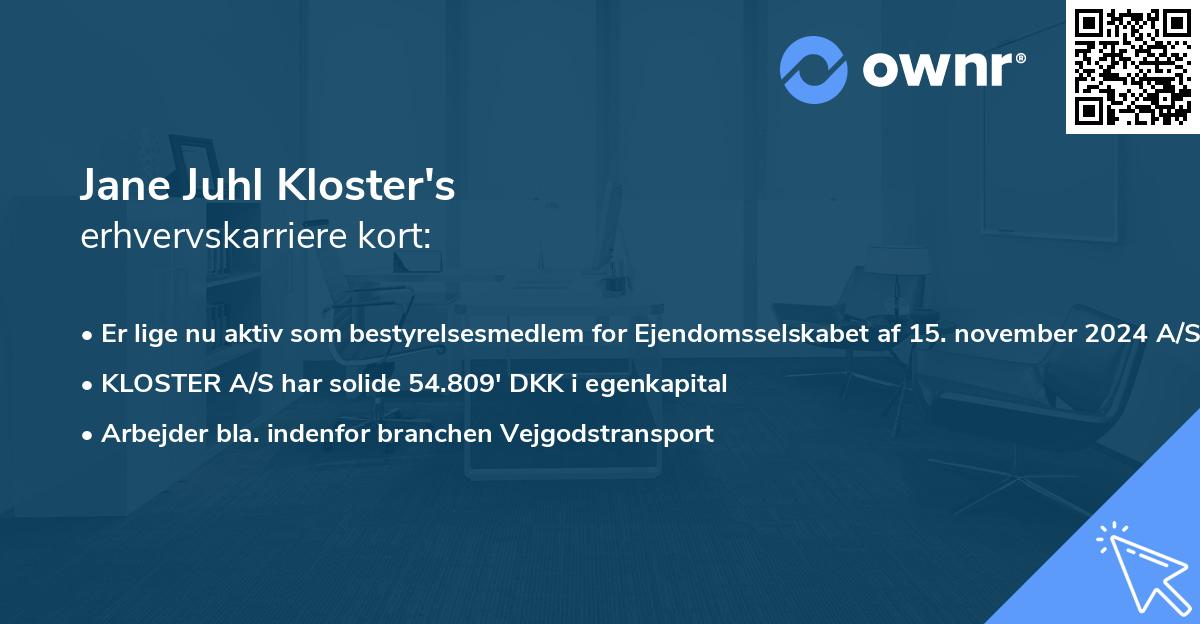 Jane Juhl Kloster's erhvervskarriere kort