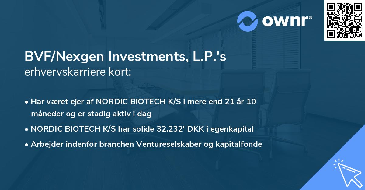BVF/Nexgen Investments, L.P.'s erhvervskarriere kort