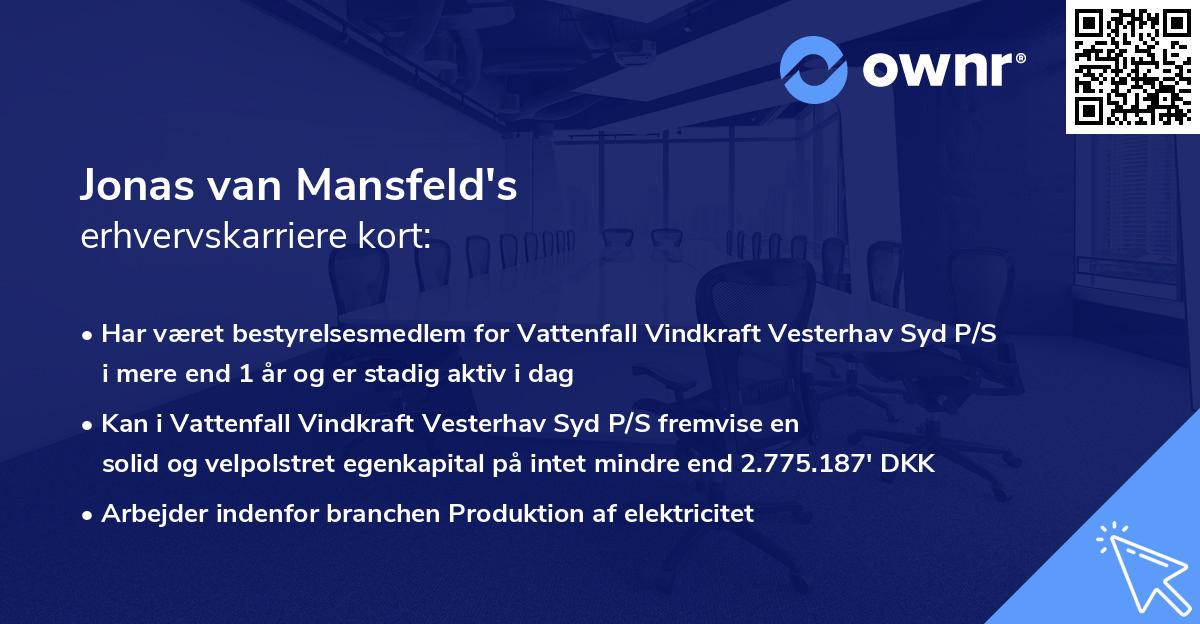 Jonas van Mansfeld's erhvervskarriere kort