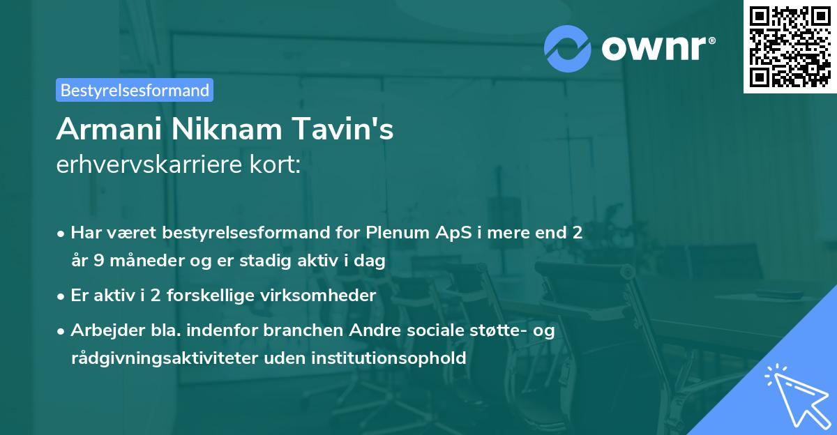 Armani Niknam Tavin's erhvervskarriere kort