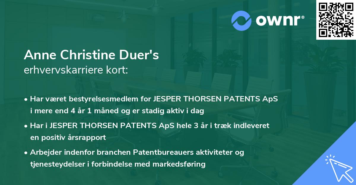Anne Christine Duer's erhvervskarriere kort