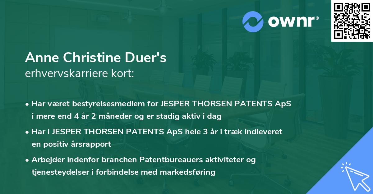 Anne Christine Duer's erhvervskarriere kort