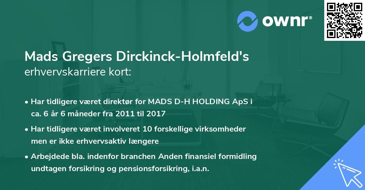Mads Gregers Dirckinck-Holmfeld's erhvervskarriere kort