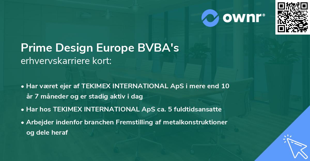 Prime Design Europe BVBA's erhvervskarriere kort