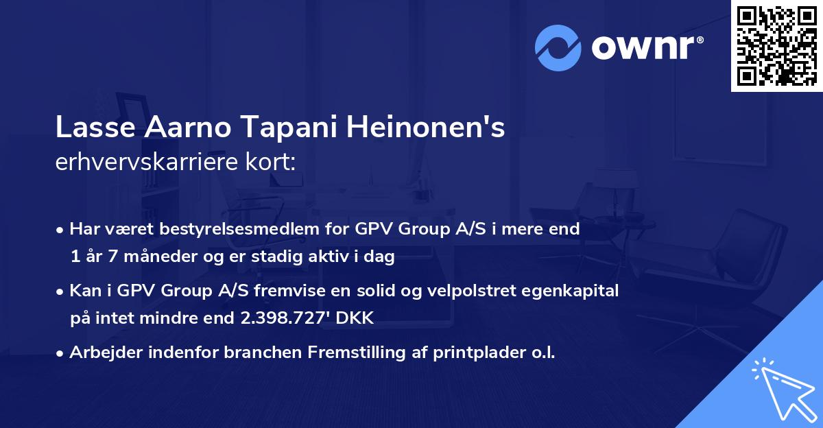 Lasse Aarno Tapani Heinonen's erhvervskarriere kort