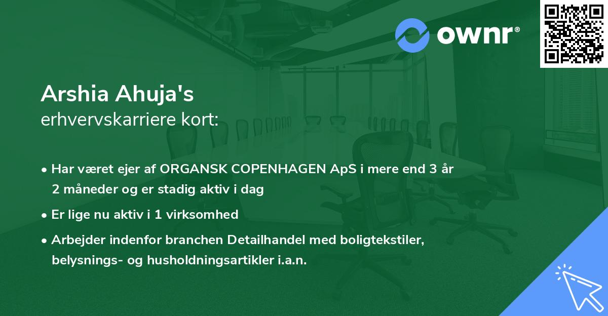 Arshia Ahuja's erhvervskarriere kort