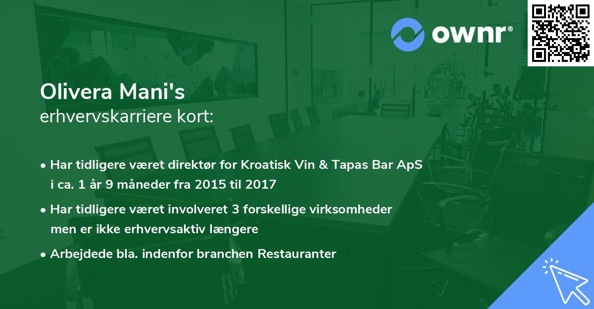 Olivera Mani's erhvervskarriere kort