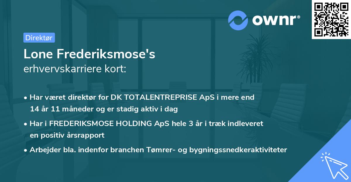 Lone Frederiksmose's erhvervskarriere kort