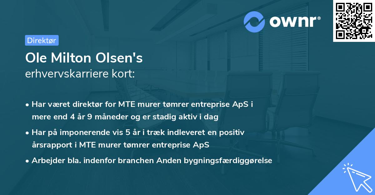 Ole Milton Olsen's erhvervskarriere kort