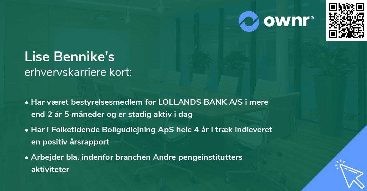 Lise Bennike's erhvervskarriere kort
