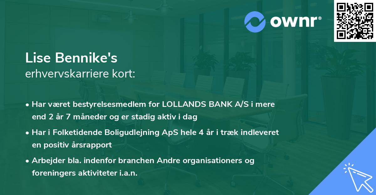 Lise Bennike's erhvervskarriere kort