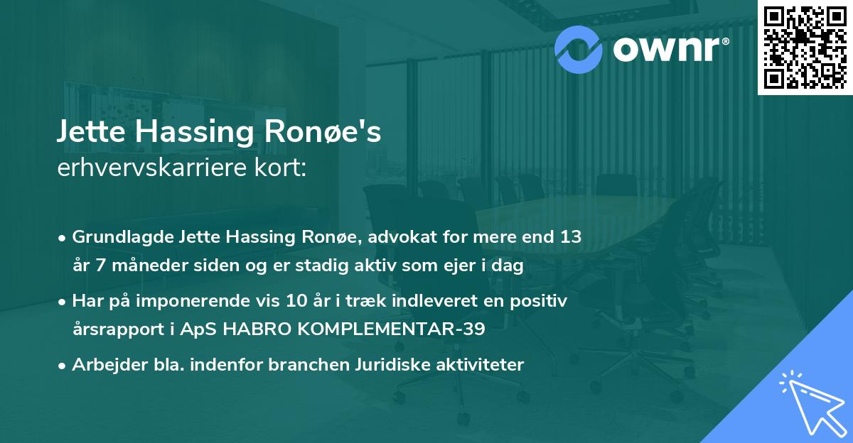 Jette Hassing Ronøe's erhvervskarriere kort