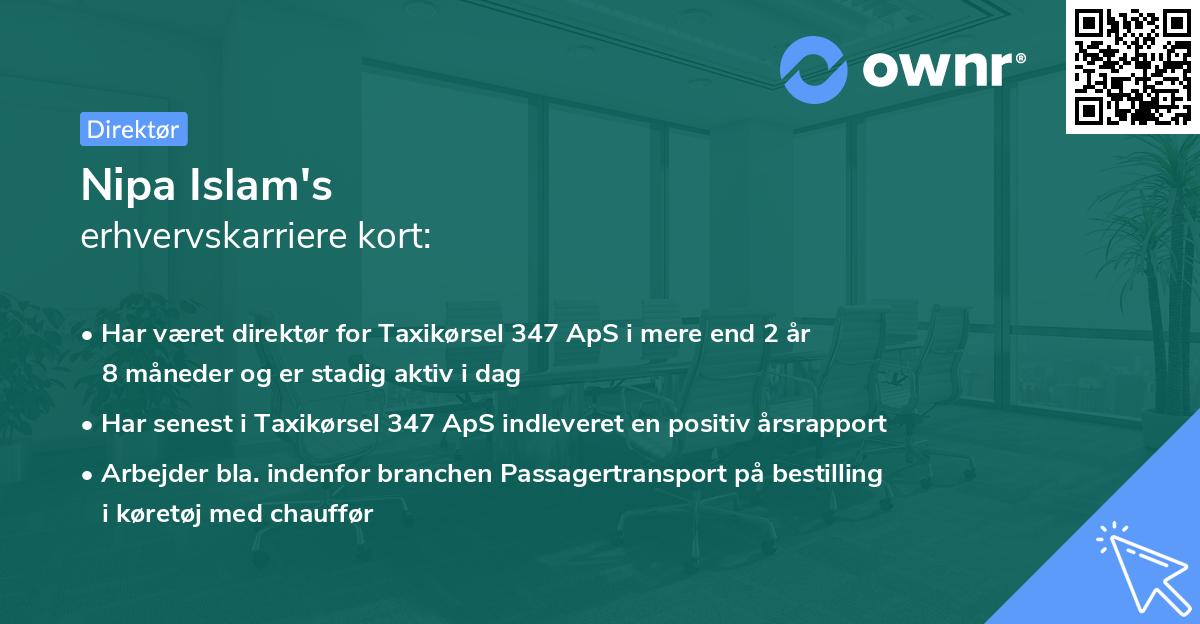 Nipa Islam's erhvervskarriere kort