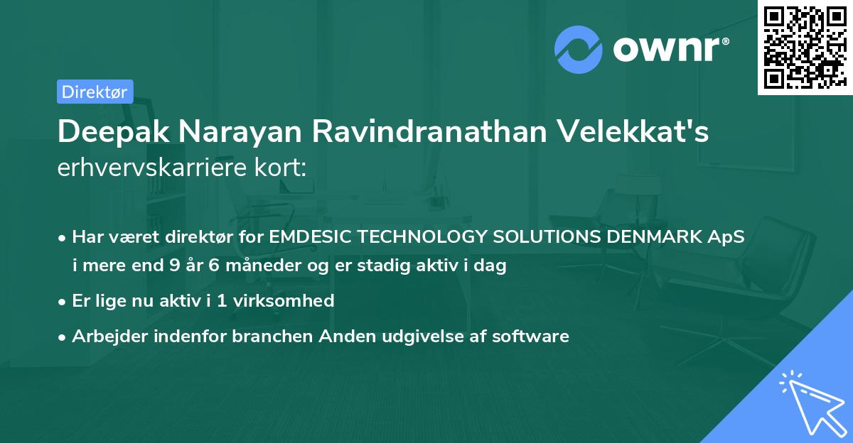 Deepak Narayan Ravindranathan Velekkat's erhvervskarriere kort