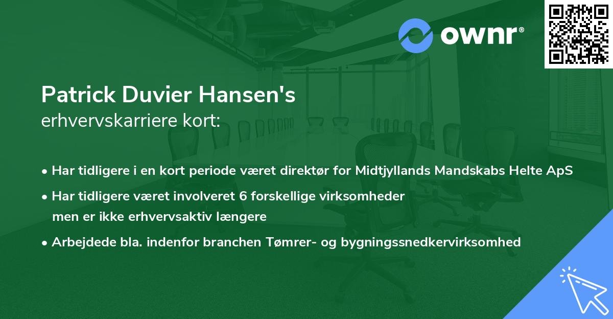 Patrick Duvier Hansen's erhvervskarriere kort