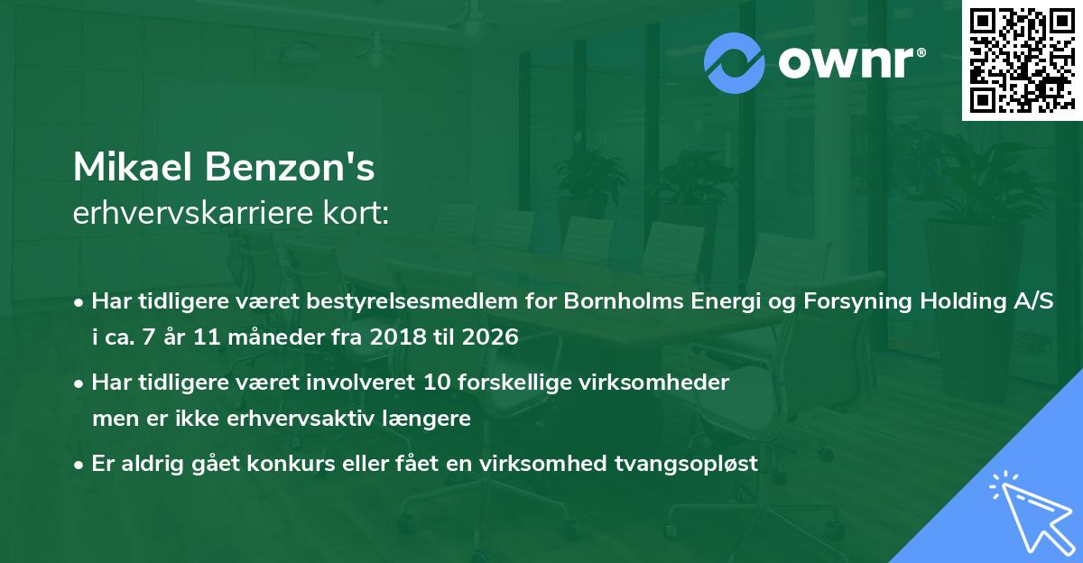 Mikael Benzon's erhvervskarriere kort