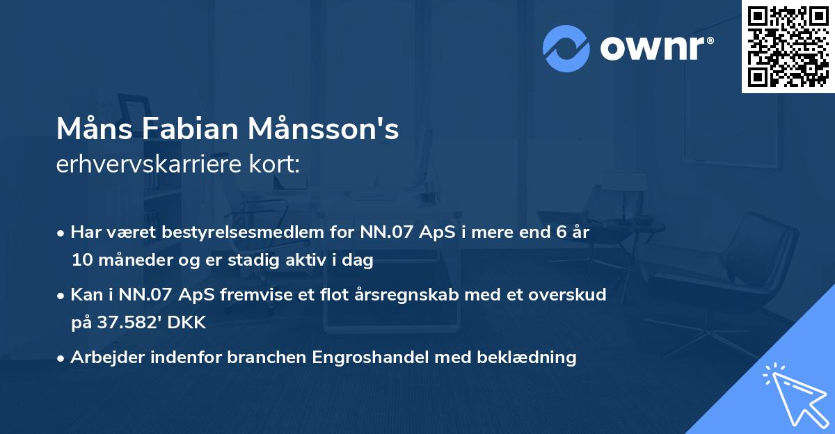 Måns Fabian Månsson's erhvervskarriere kort