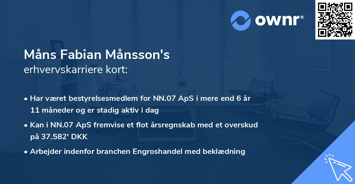 Måns Fabian Månsson's erhvervskarriere kort