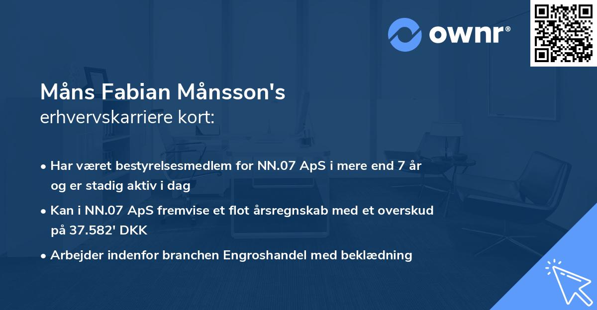 Måns Fabian Månsson's erhvervskarriere kort