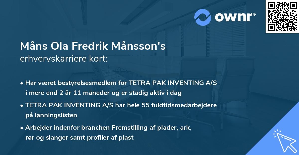 Måns Ola Fredrik Månsson's erhvervskarriere kort