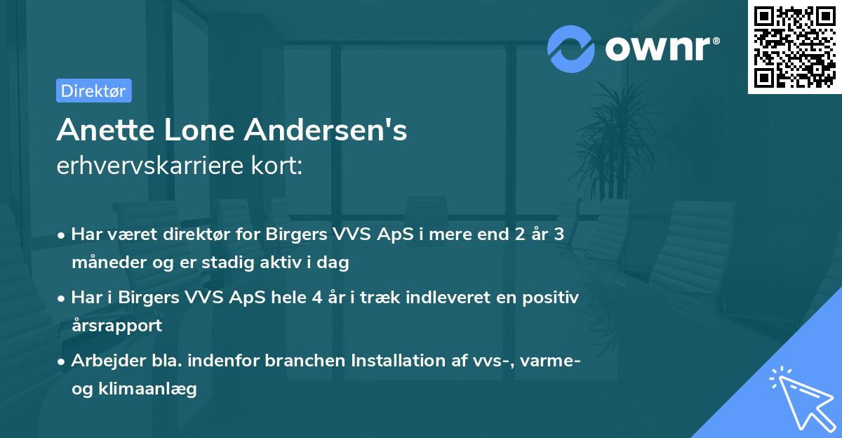 Anette Lone Andersen's erhvervskarriere kort