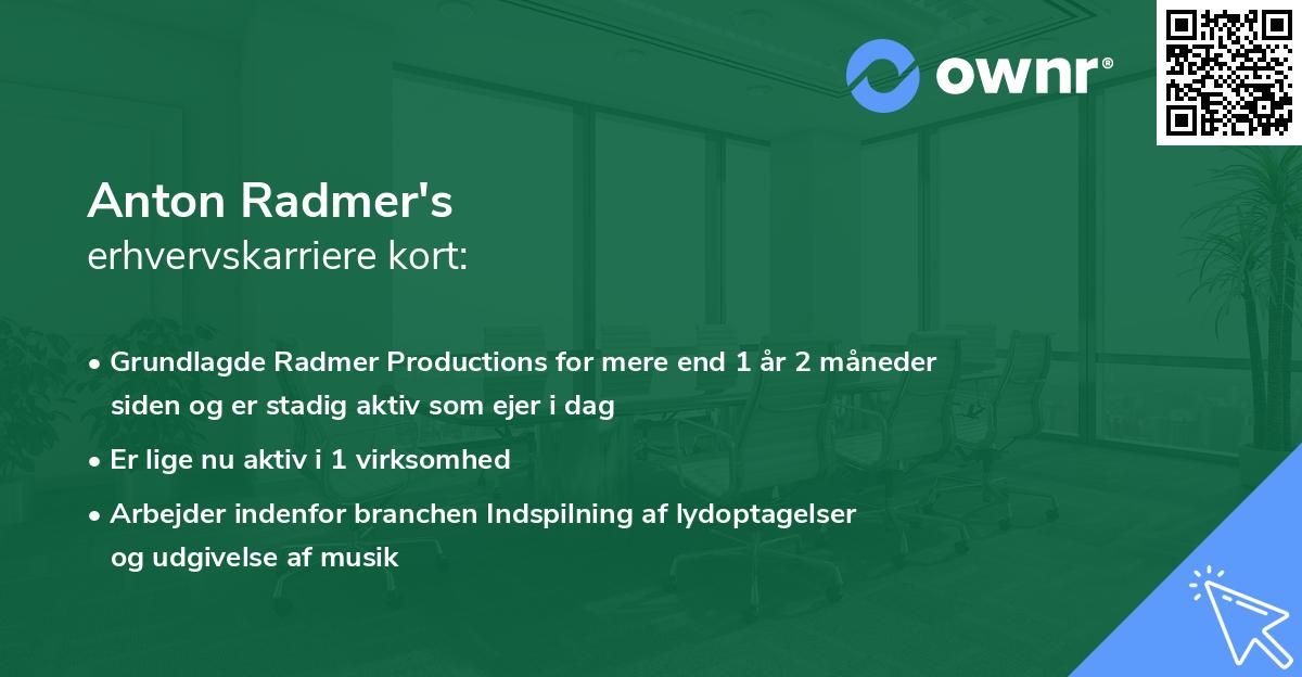 Anton Radmer's erhvervskarriere kort