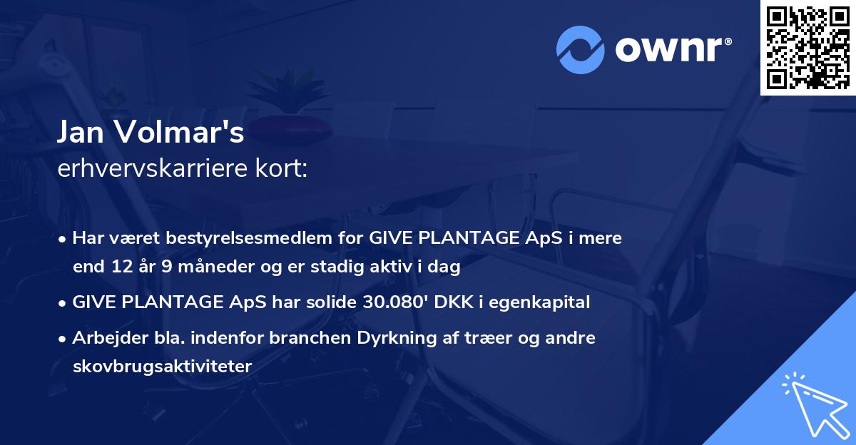 Jan Volmar's erhvervskarriere kort